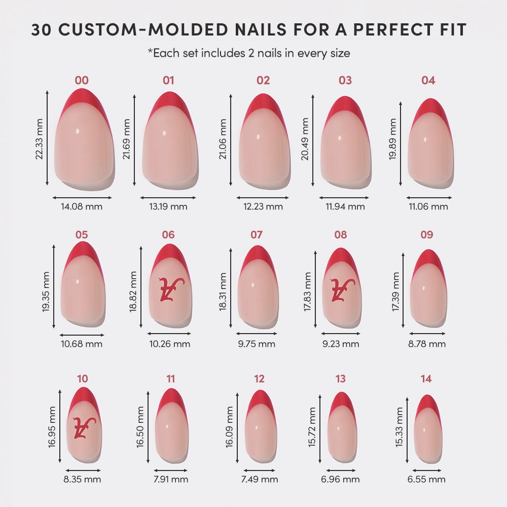 Image of the glamnetic Alabama Crimson Tide Press-On Nail Set, featuring 15 sizes with light pink bases and red French tips, each size labeled in millimeters. Each set includes two nails per size. - Product image