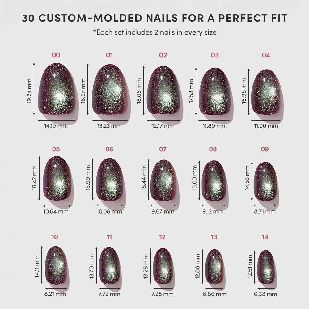 Sizing chart for custom-molded Alakazam nails by glamnetic. The chart showcases 15 sizes of rounded, cat-eye style dark burgundy glitter press-on nails, numbered 00 to 14, with each size labeled with its corresponding height and width in millimeters. Every set includes two nails per size and features a velvet finish for a luxurious touch. - Product image