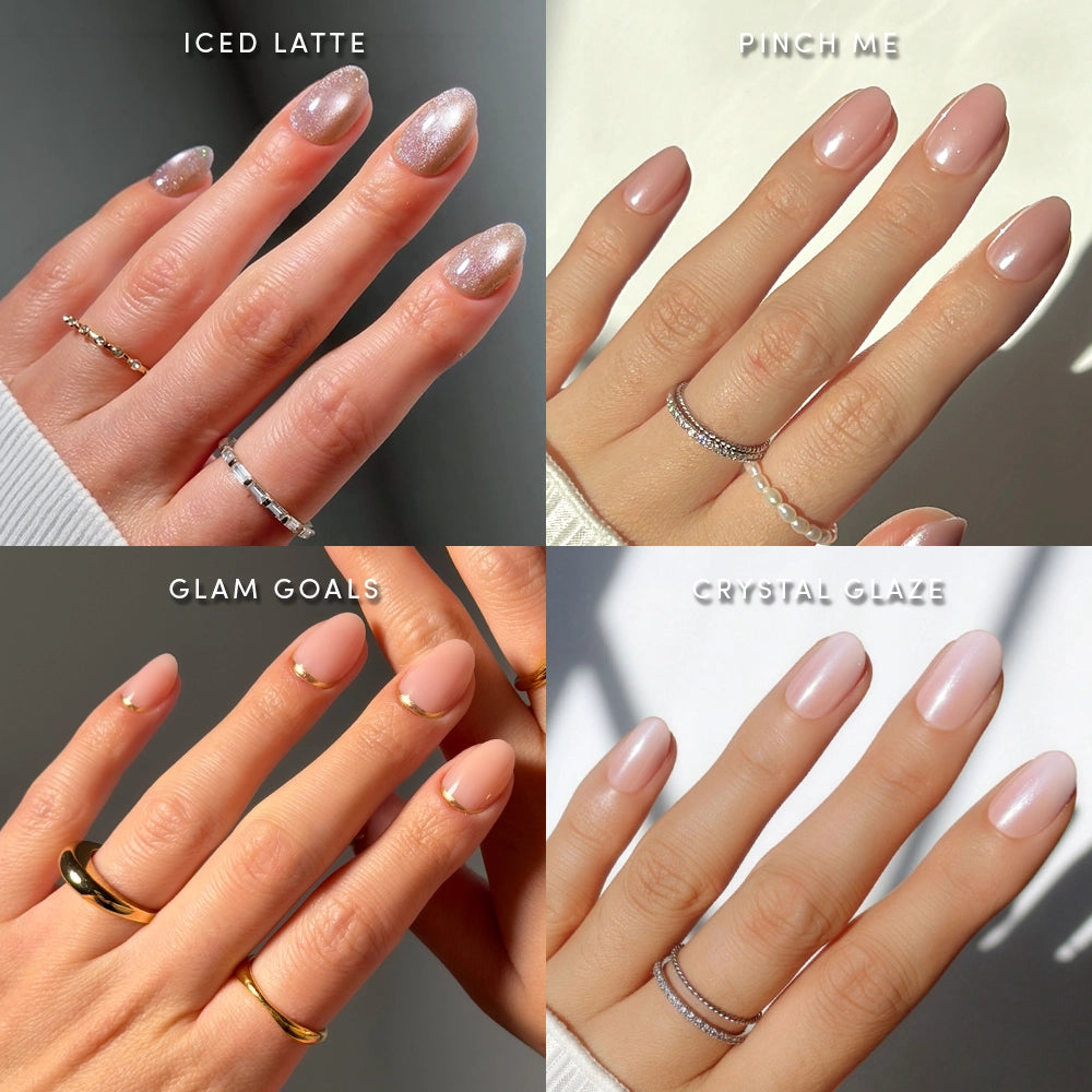 Four-panel collage showing manicured hands wearing different nail polish looks and rings. The panels are labeled Iced Latte, Pinch Me, Glam Goals, and Crystal Glaze. - Product image