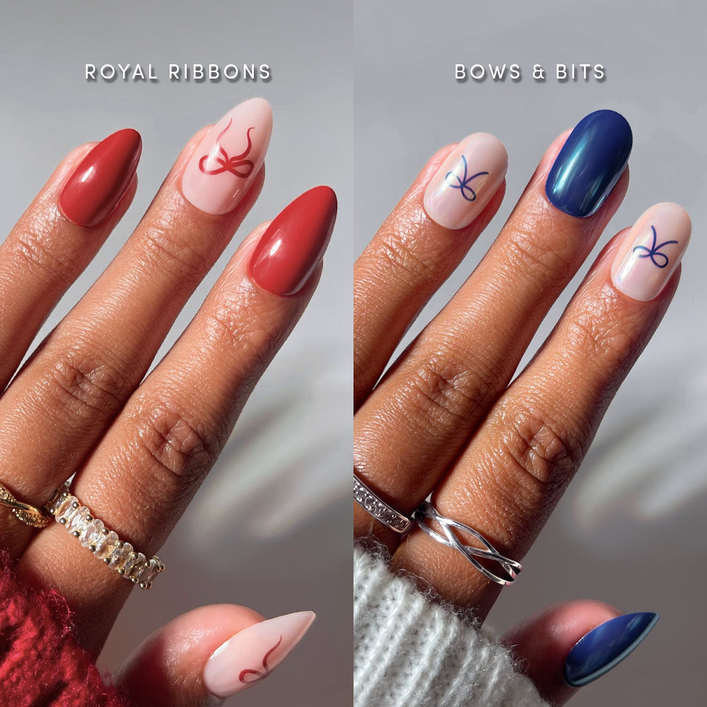 All Tied Up - All Tied Up bundle featuring two sets of almond-shaped press-on nails: Royal Ribbons in red and blush pink, and Bows & Bits in navy blue and blush pink.