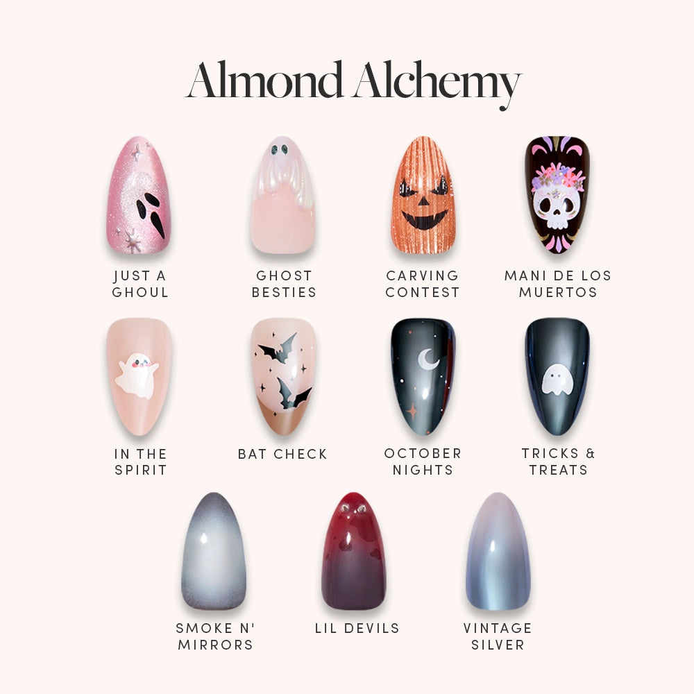 Twelve short Almond Alchemy press-on nails by glamnetic, featuring salon-quality, hand-drawn Halloween designs—including ghosts, pumpkins, bats, and skulls—arranged in three rows on a light background. Each nail design is labeled with a creative name below it.