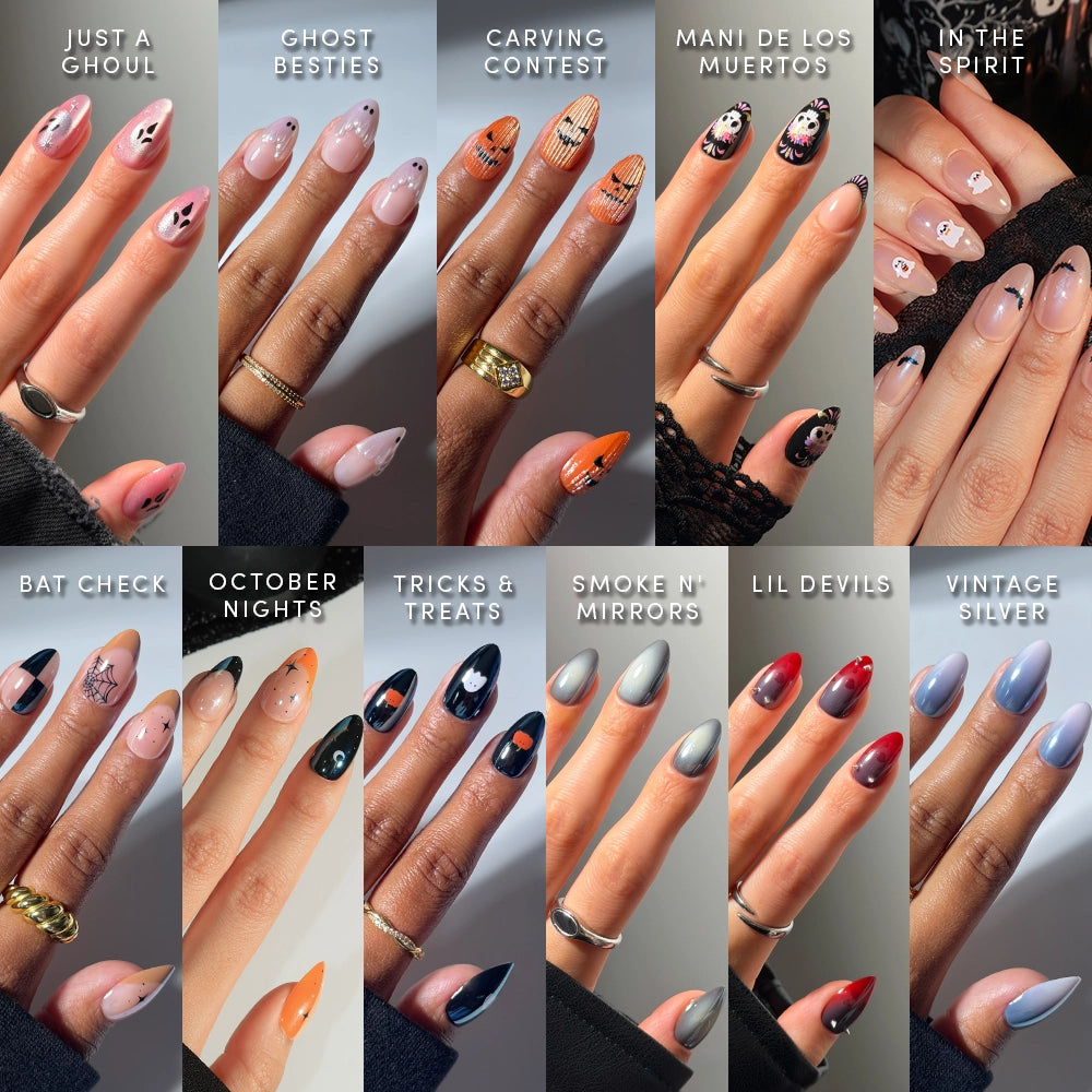 A collage of 12 hands, each adorned with a different Halloween-themed manicure from glamnetic’s Almond Alchemy collection, showcases salon-quality nail art. Designs feature pumpkins, ghosts, bats, skulls, spiderwebs, stars, and a vibrant mix of orange, black, silver, and pastel hues—each intricately hand-drawn to give a unique flair to these short almond press-on nails.