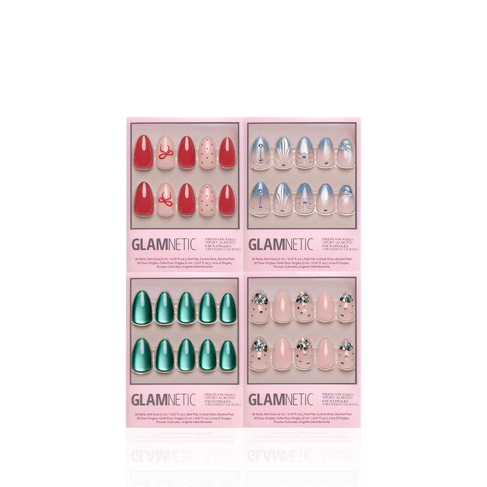 Almond Trimmings - Glamnetic Almond Trimmings holiday nail bundle featuring four sets of short almond press-on nails in red, blue, green, and cream, displayed in individual retail boxes.
