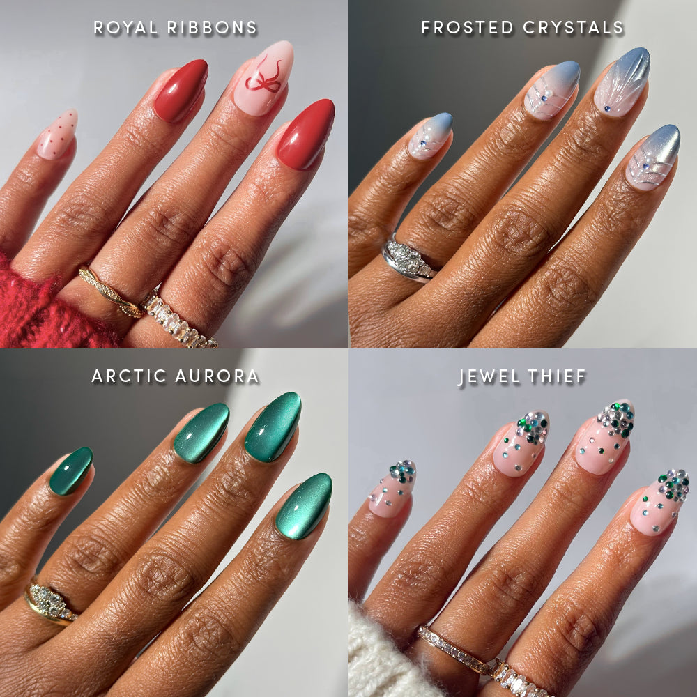 Four hands displaying the Almond Trimmings nail bundle: red with a ribbon design, blue and white gradient with crystals, metallic green, and light pink with clusters of green and silver gems.
