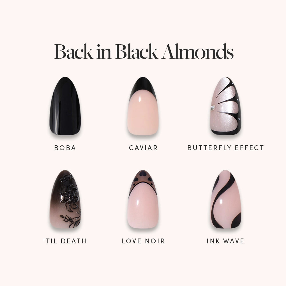 Six almond-shaped nail designs from glamnetic's Back in Black Almonds collection are shown: glossy black, pink with a black tip, pink with black butterfly wings, pink with black floral accents, pink with a black half-moon detail, and pink with bold black abstract lines. Each design offers a salon-quality manicure using short almond press-on nails for effortless style at home.