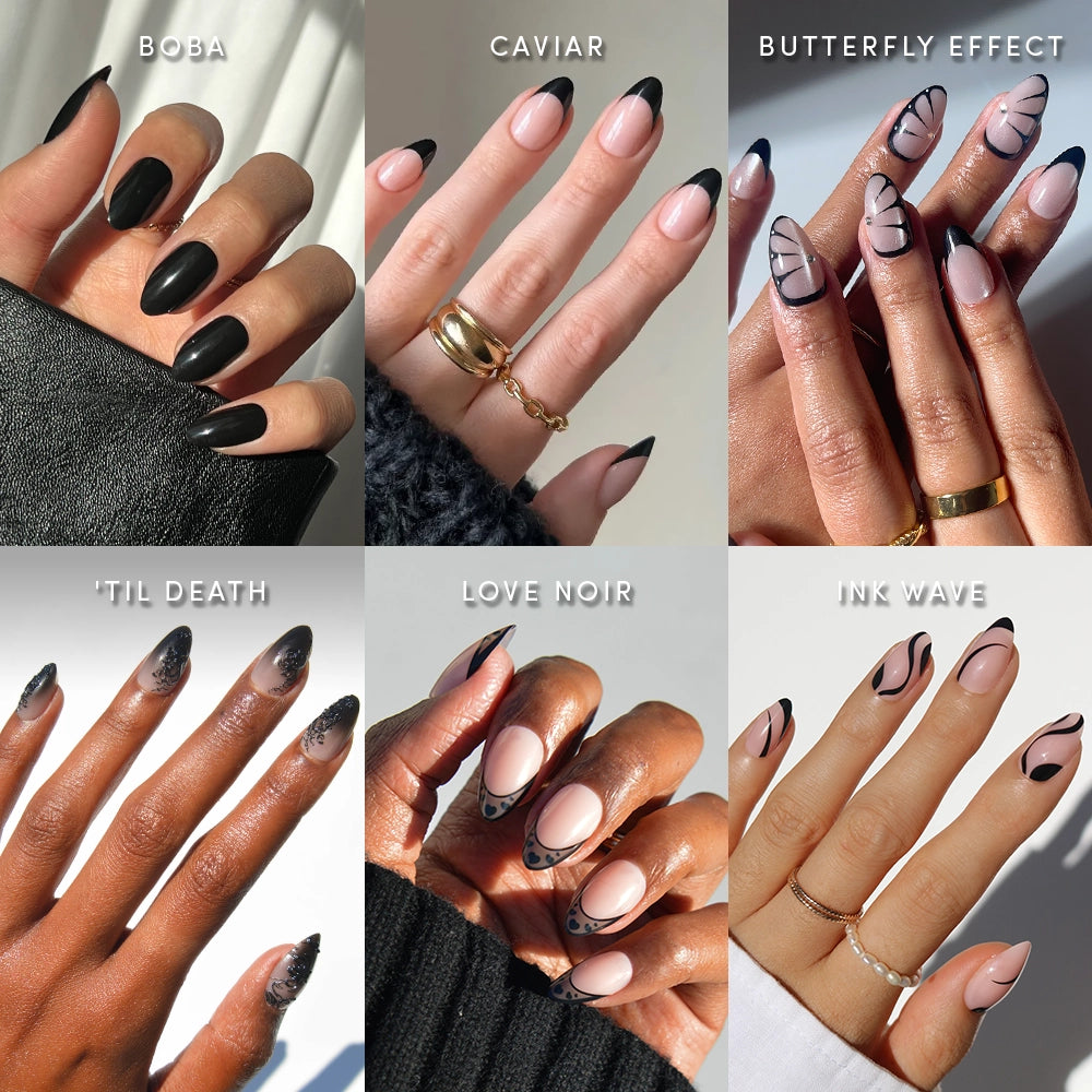 Six hands display different black and nude nail art designs from glamnetic's "Back in Black Almonds" collection, each labeled: Boba, Caviar, Butterfly Effect, Til Death, Love Noir, and Ink Wave. These salon-quality short almond press-on nails feature striking black tips, swirls, and abstract patterns.