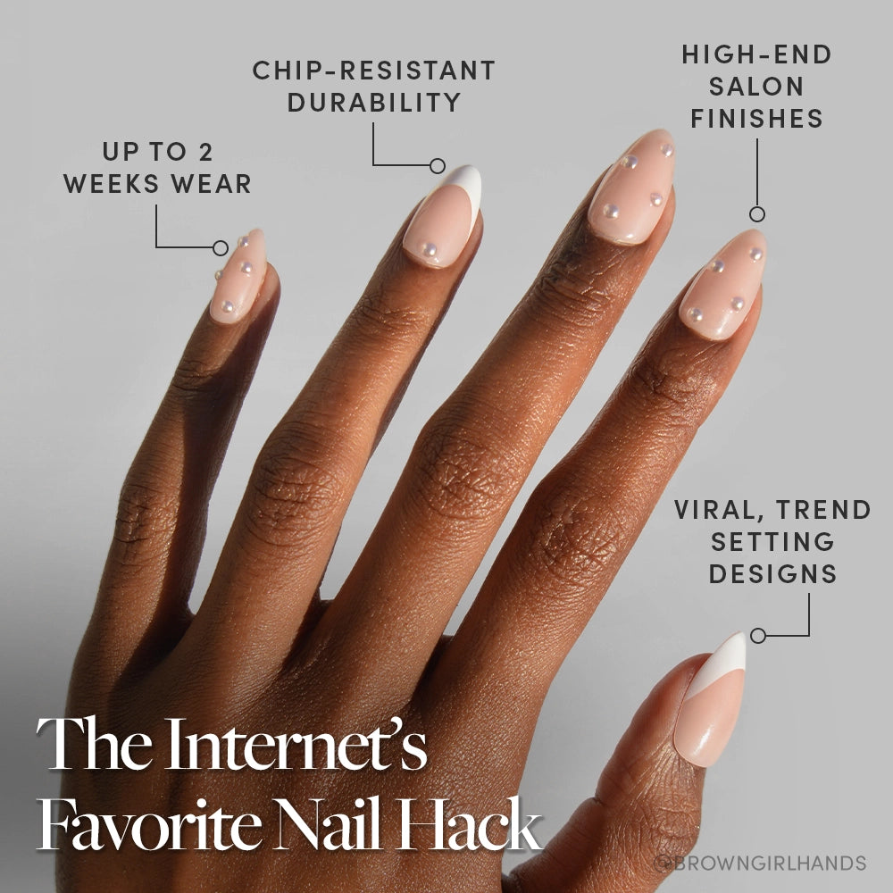A dark-skinned hand showcases the “Always & Forever” nails. Overlaid text points out the product features: “Up to 2 Weeks Wear,” “Chip-Resistant Durability,” “High-End Salon Finishes,” and “Viral, Trend Setting Designs.” A tagline at the bottom reads “The Internet’s Favorite Nail Hack.”

 - Product image