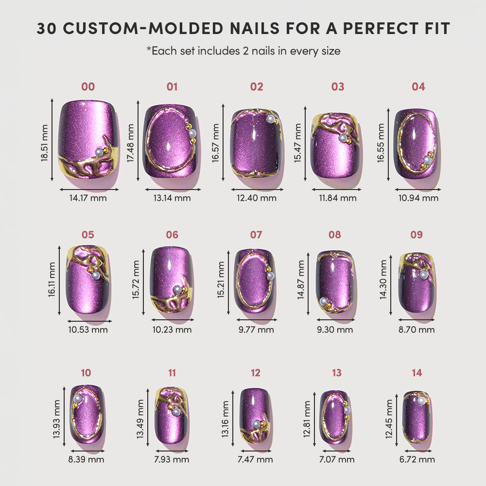Amethyst by glamnetic: 30 custom-molded velvet-finish Press-On Nails featuring gold designs. Each nail is numbered with its millimeter size for a perfect fit. - Product image