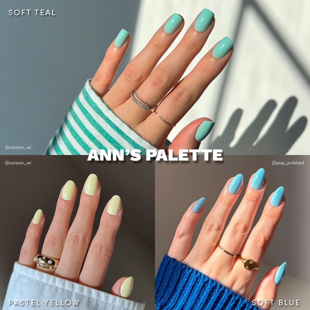 A collage features hands with manicured spring nails in teal, yellow, and blue—each pastel shade labeled. Long sleeves match each nail color. Center text reads “Anns Palette” by glamnetic.