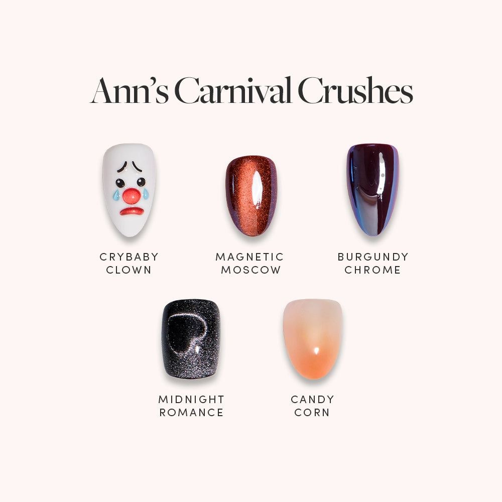 Anns Carnival Crushes by glamnetic features five short almond nail designs: Crybaby Clown (sad clown face), Magnetic Moscow (metallic red), Burgundy Chrome (deep chrome), Midnight Romance (sparkly black), and Candy Corn (orange ombre).