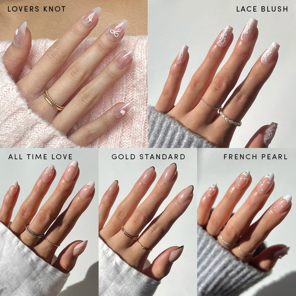 A collage of six hands shows off glamnetic’s Ann's Sweethearts nude and white almond nail sets, including Lovers Knot and French Pearl. Some feature French tips and delicate patterns, with simple rings on each hand.