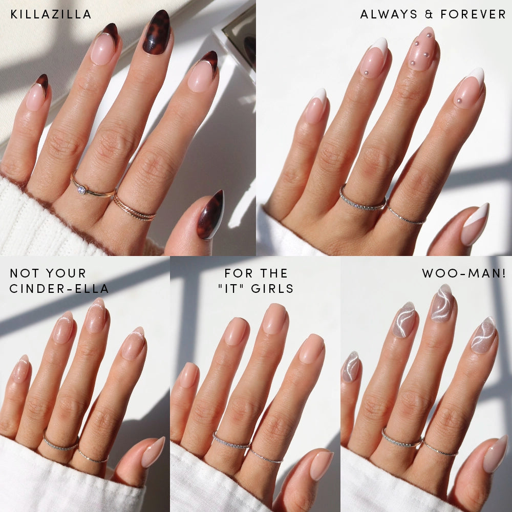 A collage of five manicured hands with nude glamnetic ANNZILLA press-on nails, each labeled: KILLAZILLA (dark tips), ALWAYS & FOREVER (tiny gems), NOT YOUR CINDER-ELLA (plain nude), FOR THE IT GIRLS, WOO-MAN!.