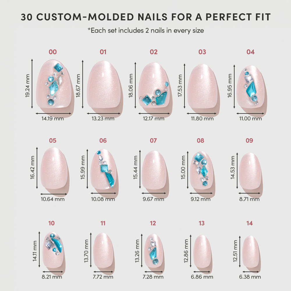 Aquamarine by glamnetic: 15 pairs of custom-molded, salon-quality press-on nails (sizes 00–14), featuring pink nails with blue and silver accents plus gems for a gemstone effect. All sizes labeled and shown with measurements. - Product image