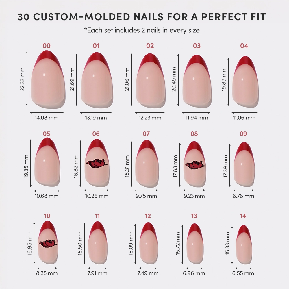 A chart displays all 15 sizes of the glamnetic Arkansas Razorbacks Press-On Nail Set, each labeled by number with width and length (mm). Pink nails have red French tips, some with red lips designs for a bold game day look. - Product image