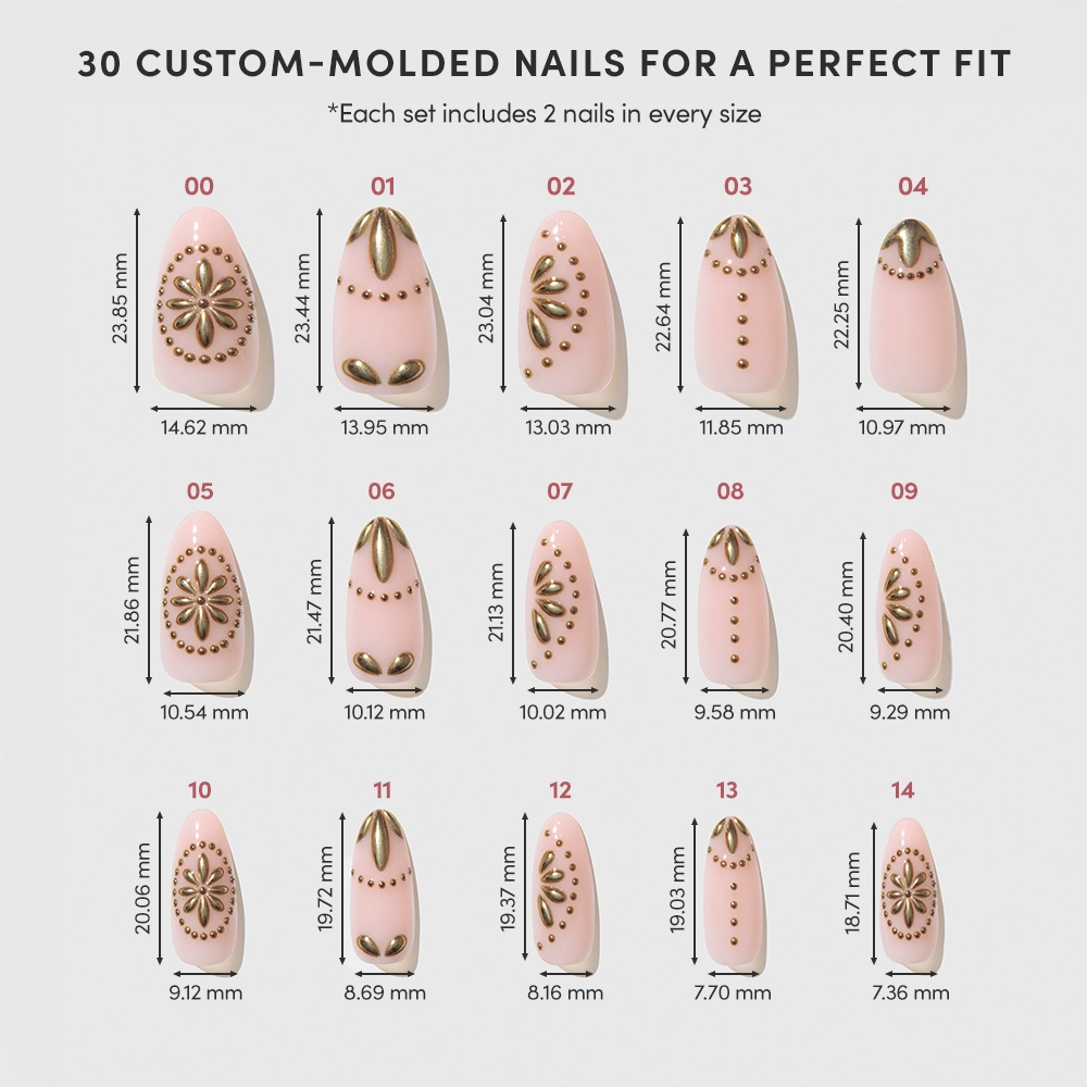 The glamnetic Athenian Gold set features 30 salon-quality, cruelty-free press-on nails in multiple sizes, each with a pink base and elegant gold accents. All nails are neatly arranged in two rows with labeled dimensions. - Product image