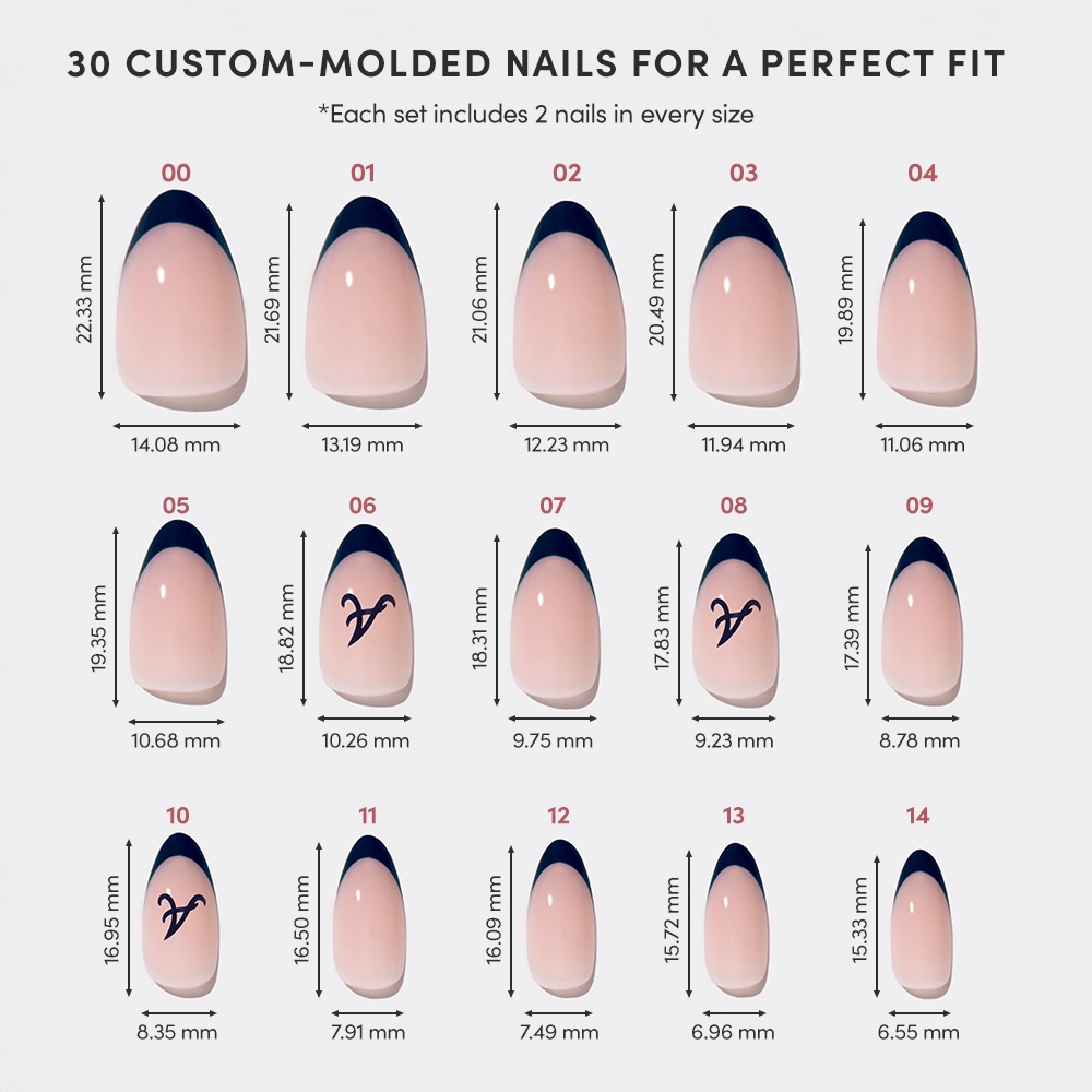 A chart shows 15 sizes of the glamnetic Atlanta Braves Press-On Nail Set, arranged in two rows with measurements in millimeters. Each nail has a navy-blue French tip; three display a small Braves logo. Each size comes with two nails. - Product image