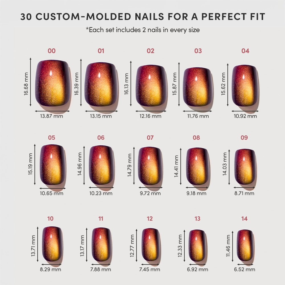 15 sizes of custom-molded stick-on nails from glamnetic’s Aura Reading collection are displayed in a stunning metallic red and gold gradient, each labeled with precise length and width measurements in millimeters for the perfect fit. Experience the ease of no-glue application with these Quick Press Mani nails. - Product image