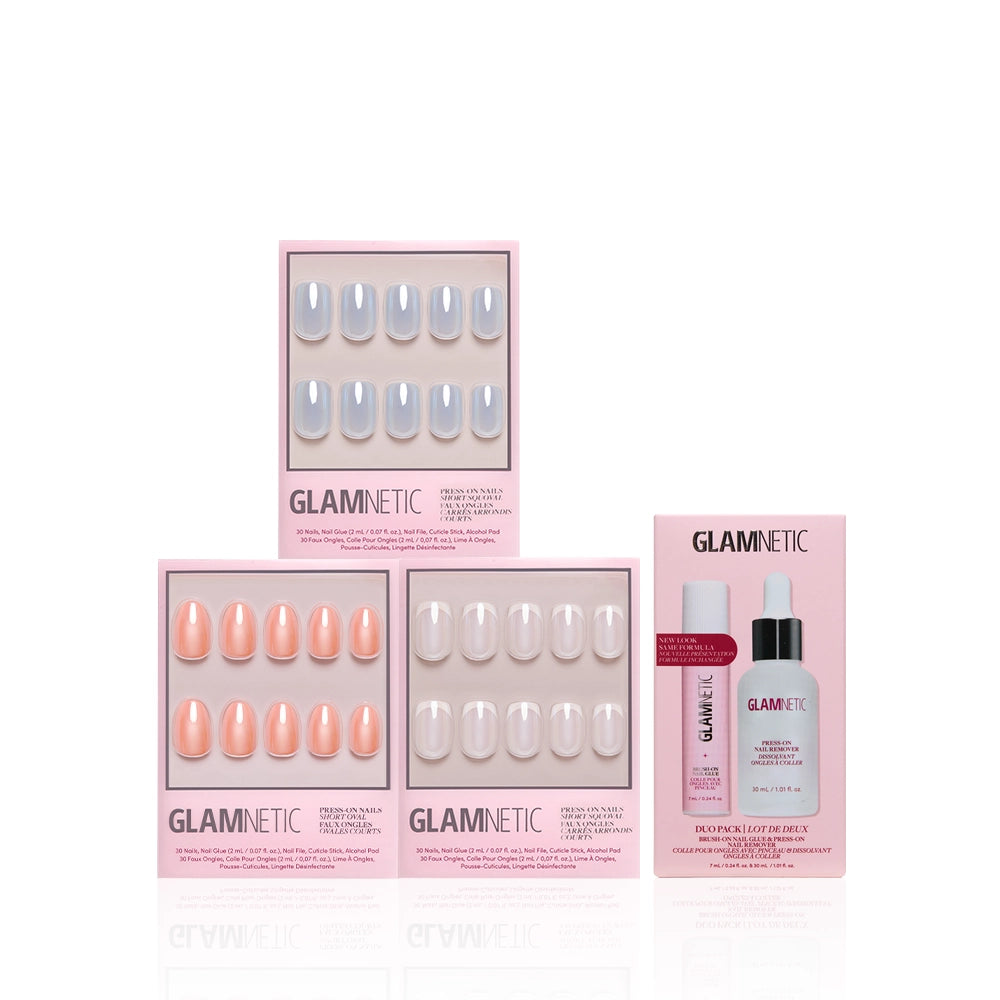 Four glamnetic Routine Refresh Collection kits are displayed. Three contain press-on nails in pastel pink, white, and French tip styles, each ready to be applied with your favorite nail glue. One box features the Remover & Cuticle Oil Duo, with a pink and a white bottle for gentle nail care. All packaging comes in signature pink from glamnetic. - Product image