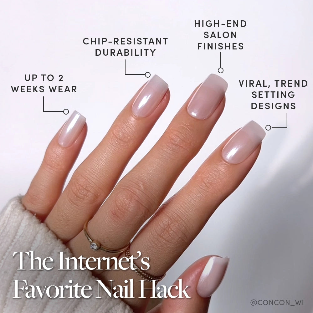 A close-up of a hand with medium square, glossy light pink Bailey nails by glamnetic, featuring a semi-transparent glaze. Enjoy up to 2 weeks wear, chip-resistant durability, salon-quality finish, and viral trendsetting design. - Product image