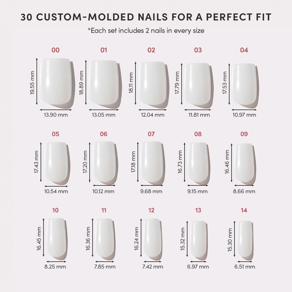 A size chart for glamnetics Bailey shows 15 white custom-molded fake nails in a semi-transparent glaze, each labeled with numbers and their specific height and width (in mm) for a precise fit. - Product image