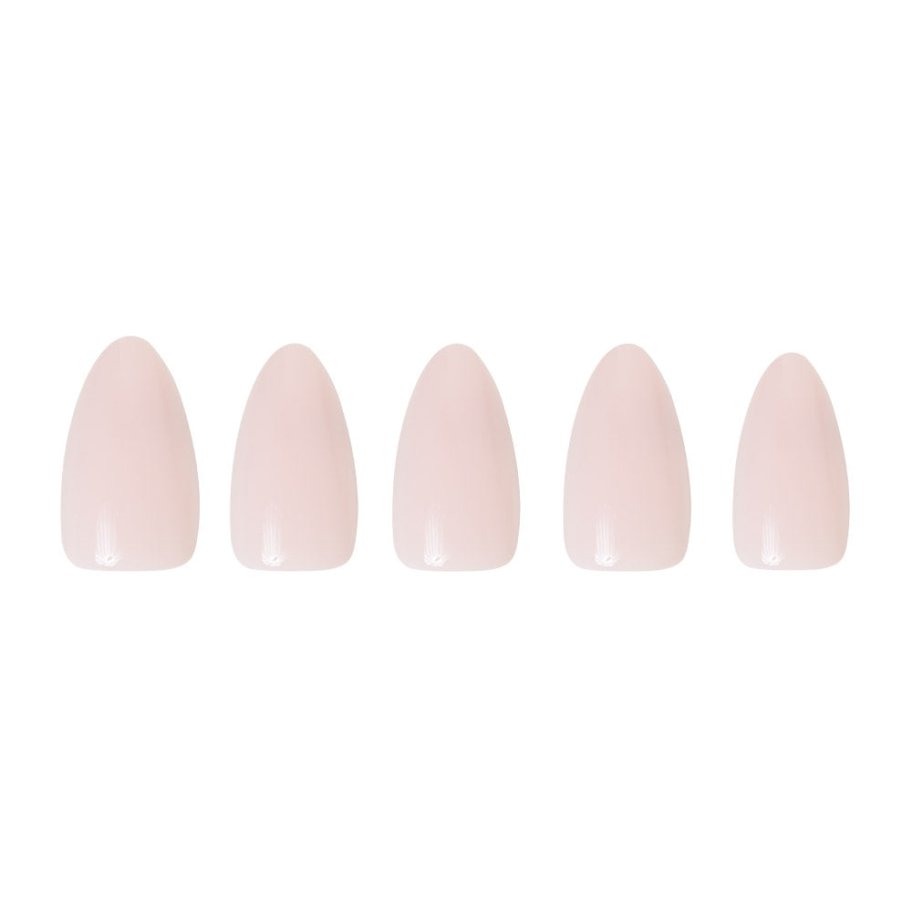 Five glossy short almond artificial nails from glamnetic in Ballet Pink are arranged in a row against a white background. - Product image