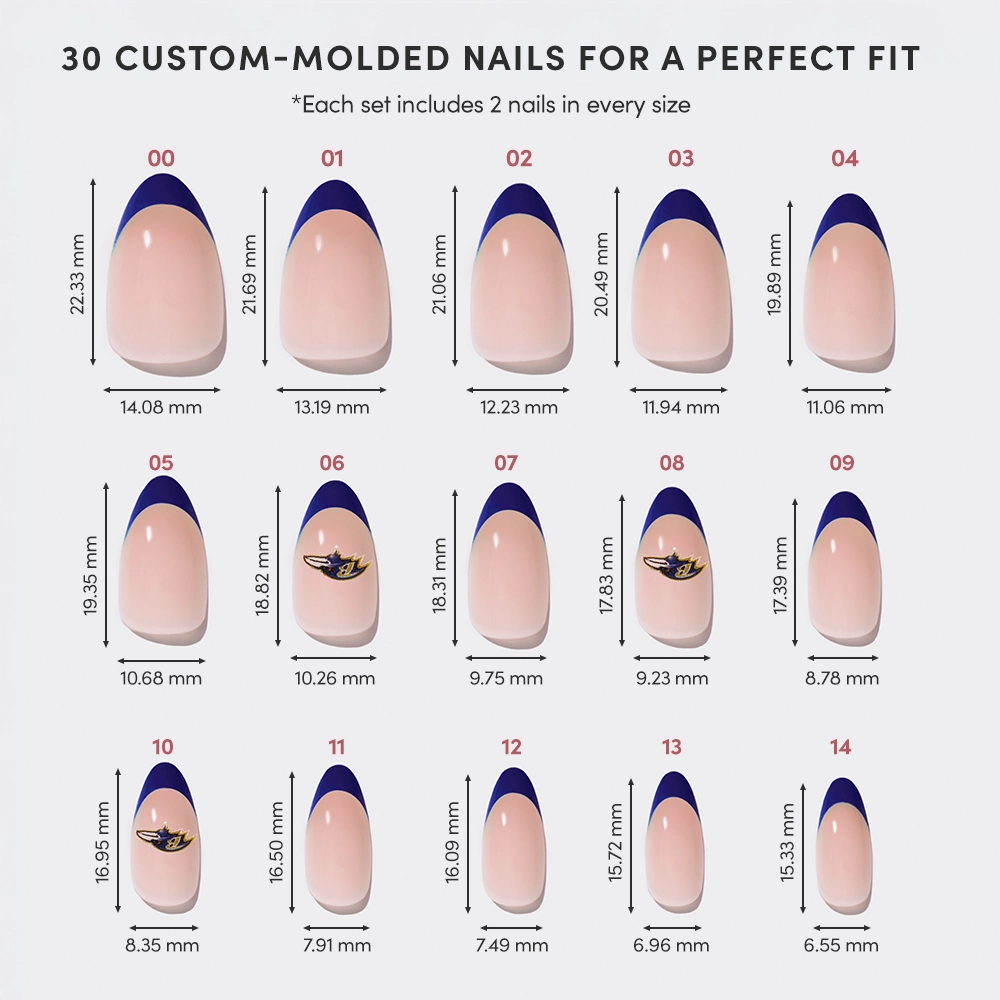 Chart showing 15 nail sizes in millimeters with blue French tip designs, inspired by a Ravens set. Each glamnetic Baltimore Ravens Press-On Nail Set includes 2 nails per size, totaling 30 custom-molded press-on nails for a perfect fit. - Product image