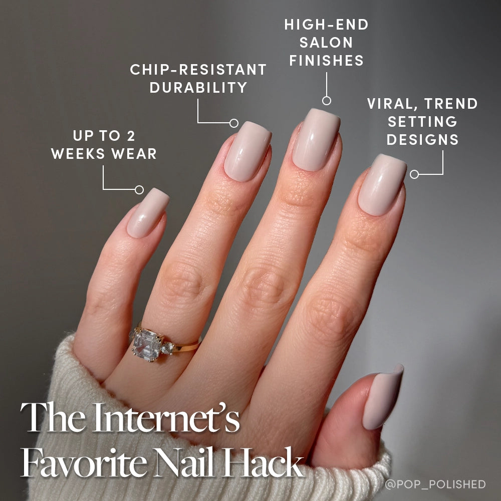 A hand with Bare Bliss nails by glamnetic in a light nude, medium square shape is shown, featuring chip-resistant durability, salon-quality finish, and trendy design. The text reads: The Internet’s Favorite Nail Hack. - Product image