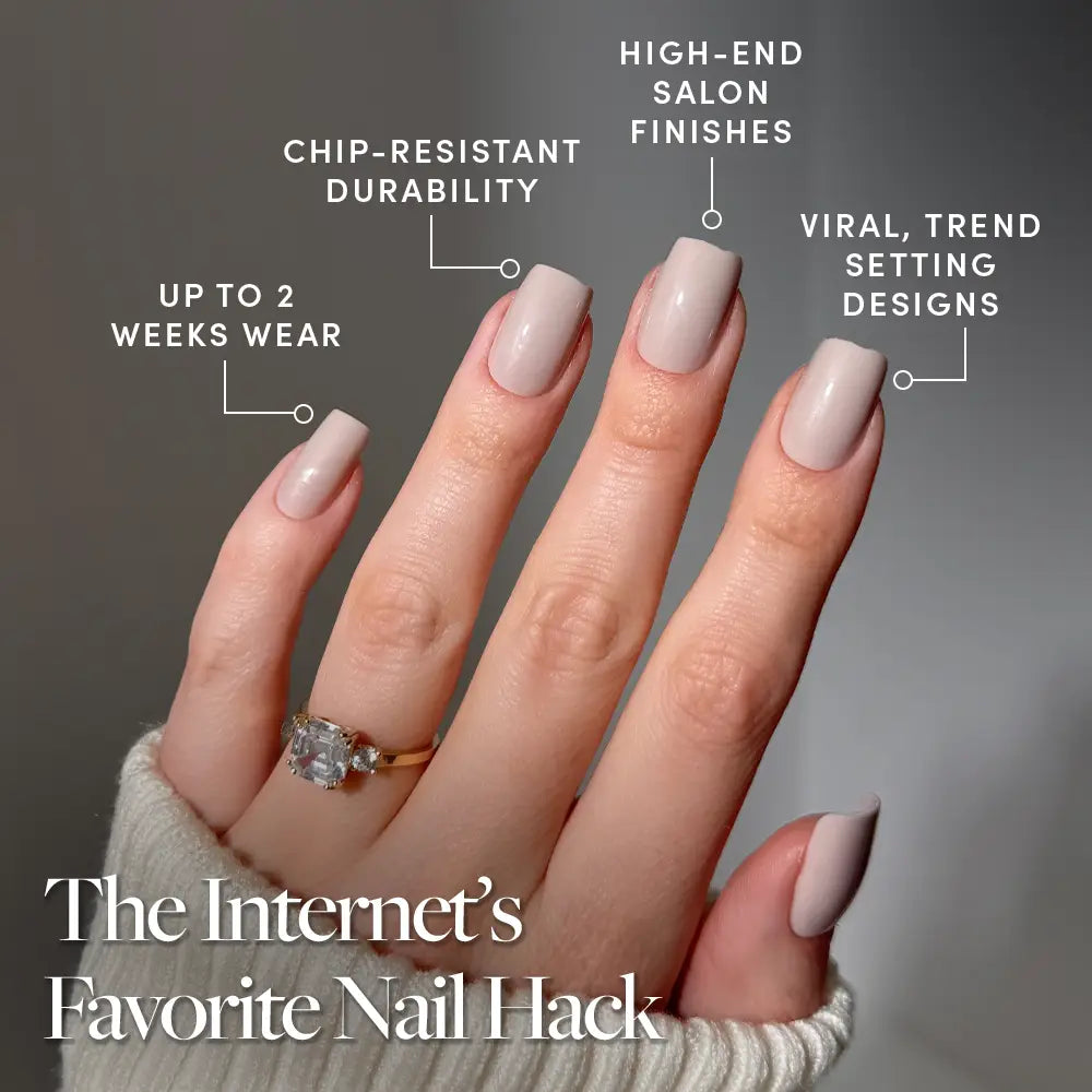 A hand with glamnetic Bare Bliss light pink, medium square press-on nails is shown, highlighting features like chip resistance, salon finish, trendy designs, and 2-week wear. Text reads: The Internet’s Favorite Nail Hack. The person wears a ring. - Product image