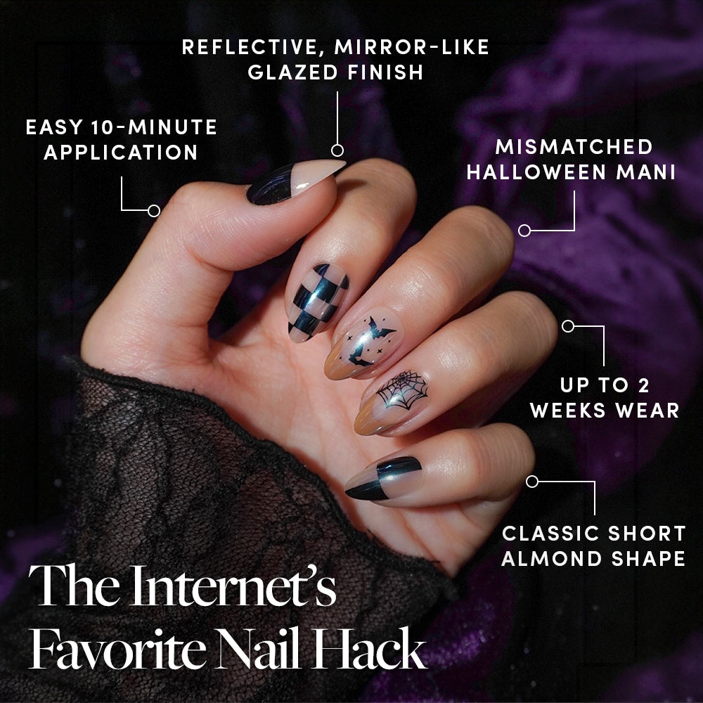 A hand with short, almond-shaped nails showcases a mismatched Halloween design with checkered, bat, and spiderweb patterns. Labels highlight features such as a reflective glazed finish, salon-quality manicure in minutes, and 2-week wear. Text reads: Nail Hack featuring the glamnetic Bat Check Press-On Nail Set. - Product image