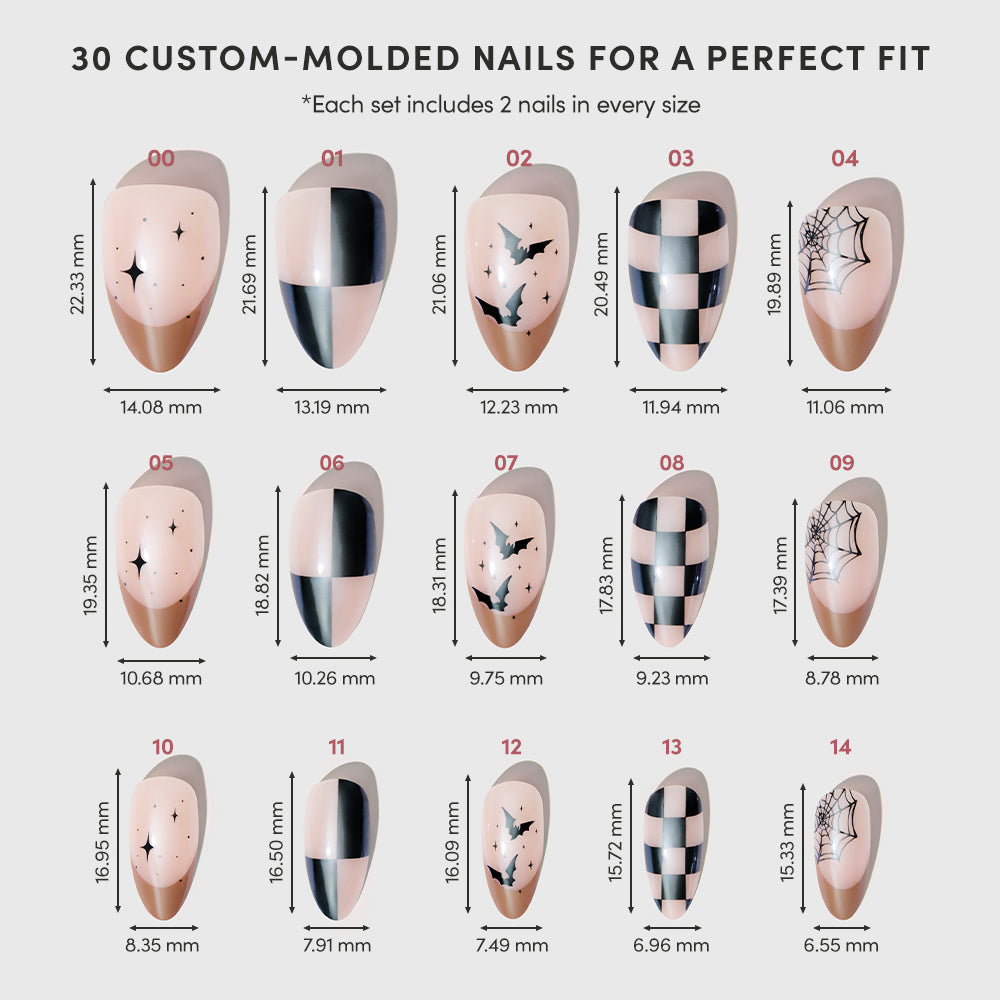 Introducing the Bat Check Press-On Nail Set by glamnetic: a set of fifteen custom-molded, short almond press-on nails featuring geometric, star, and spiderweb designs. Each nail is displayed with its width and length measurements in millimeters, ensuring a salon-quality manicure at home. - Product image