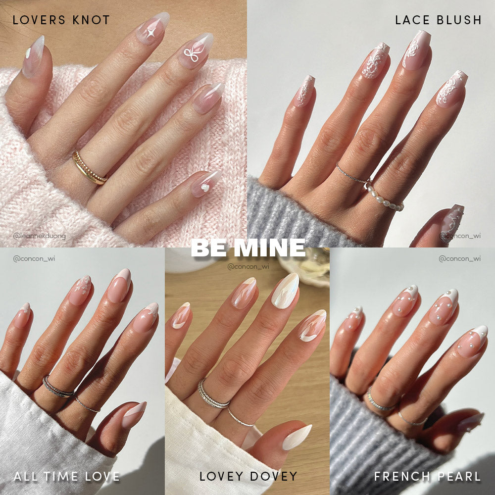 A collage of five hands with glamnetic Be Mine nails—featuring Lovers Knot, Lace Blush, All Time Love, Lovey Dovey, and French Pearl—shows short almond nails in semi-transparent pink and white French tips; BE MINE is centered.