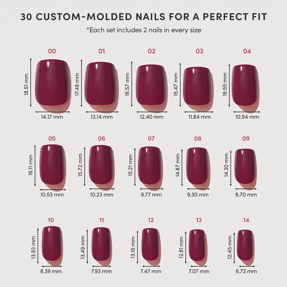 A chart showing 15 sizes of glamnetic Berry Crush Press-On Nails, each labeled with width and height in millimeters; the text above says “30 Salon-Quality glamnetic Berry Crush Press-On Nails for a Perfect Fit.”. - Product image
