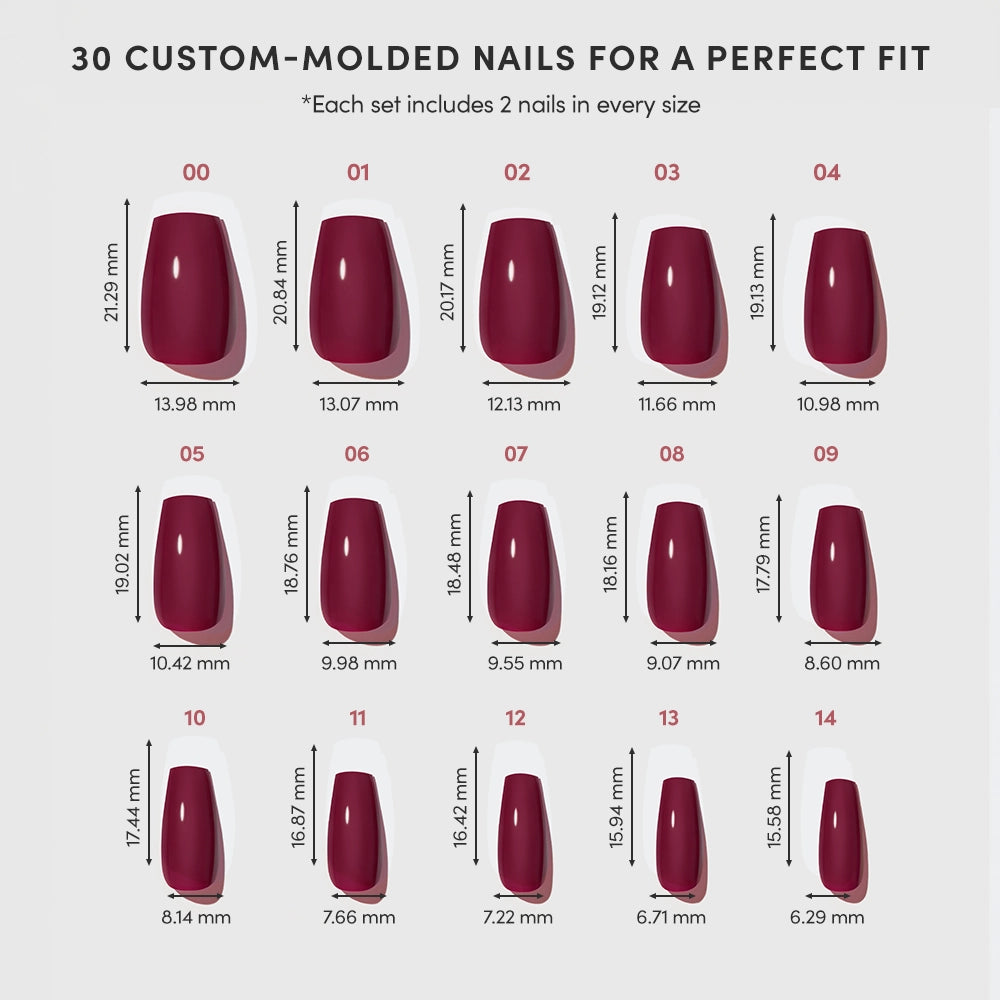 Chart displaying 15 sizes of Berry Fierce maroon coffin press-on nails by glamnetic, numbered 00–14, with width and length in millimeters. Text reads: “30 custom-molded nails for a perfect fit.”. - Product image
