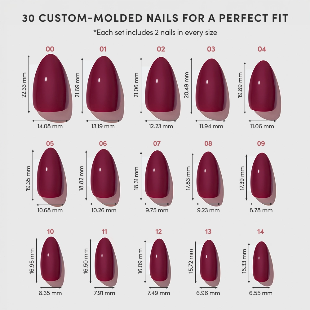 A chart displays 15 sizes of glamnetic’s Berry Kiss custom-molded, maroon short almond press-on nails (sizes 00–14) with length and width in millimeters shown below each nail. - Product image