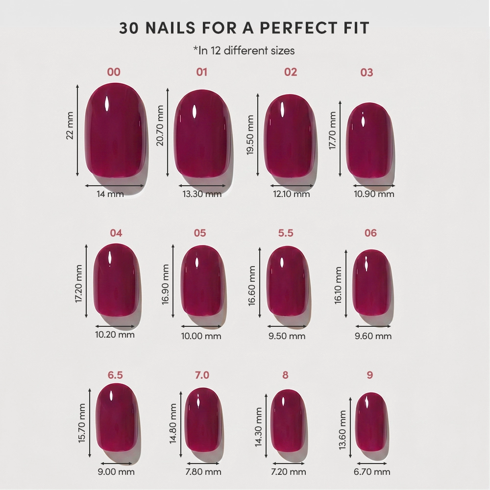 A chart displays 12 Berry Maroon press-on nail sizes by glamnetic, each numbered with height and width in millimeters. Top text states: 30 Nails for a Perfect Fit—ideal for your autumn collection. - Product image