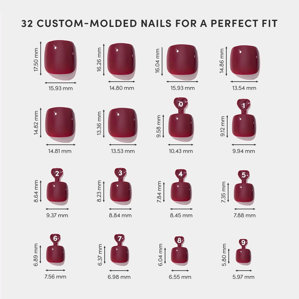 A chart of 16 glamnetic Berry Maroon Toenail press-ons in assorted sizes, each glossy and custom-molded, shown with height and width in mm on a light background. These vegan, cruelty-free toenails are arranged in four neat rows. - Product image