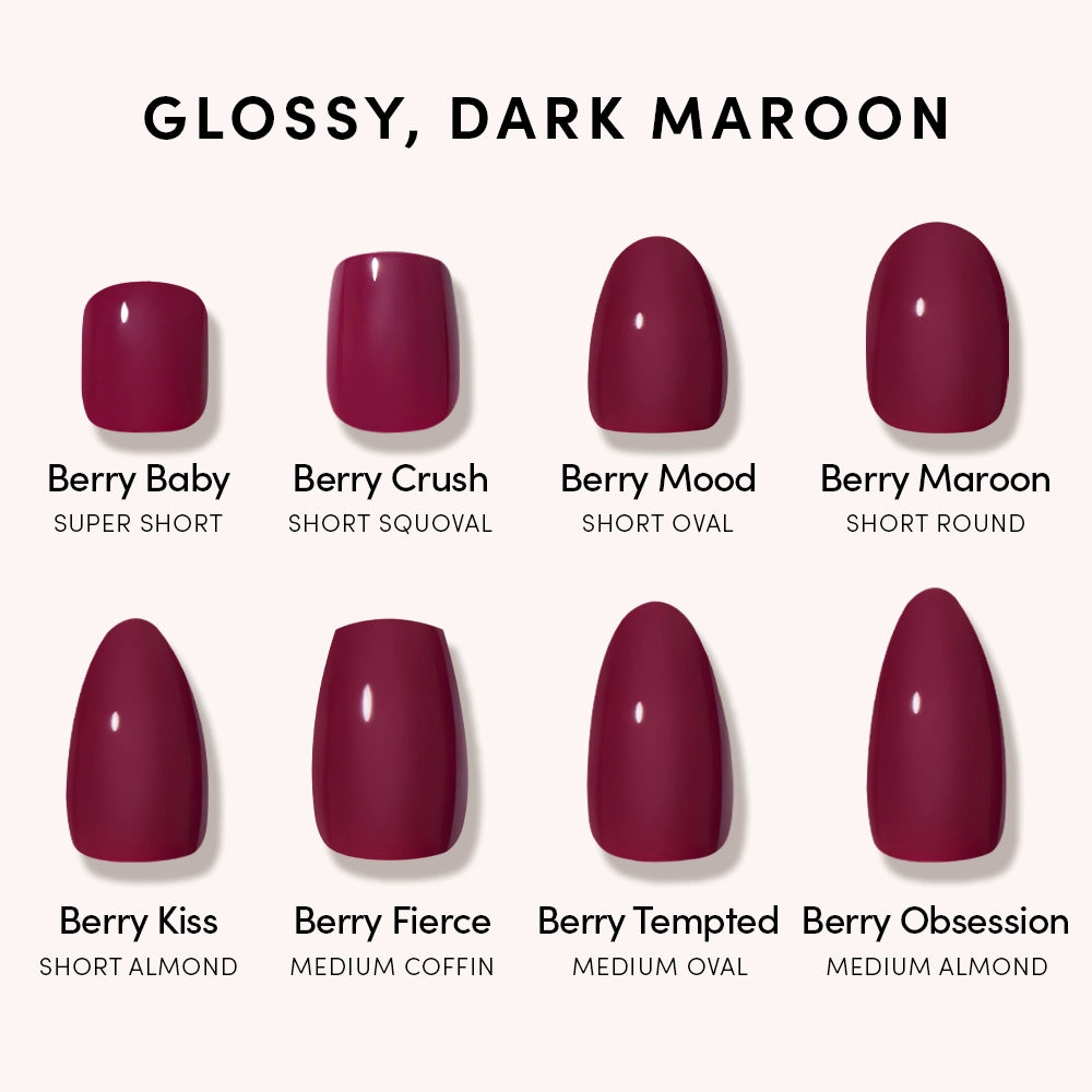 Berry Obsession by glamnetic features seven glossy, dark maroon almond-shaped press-on nails—Berry Baby, Crush, Mood, Maroon, Kiss, Fierce, Tempted—each elegantly labeled for a chic and sophisticated look. - Product image