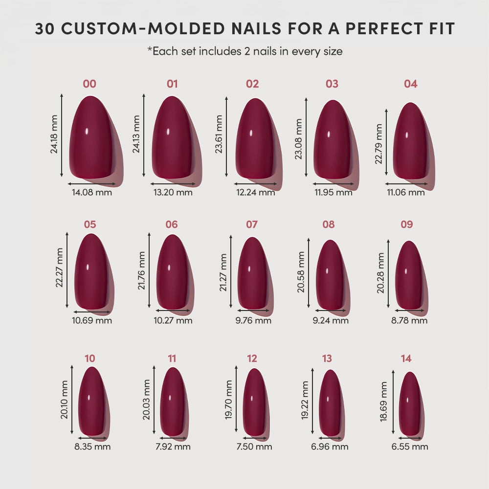 A chart displays 15 sizes of maroon, almond-shaped glamnetic Berry Obsession press-on nails, with each nail's width and length in millimeters. Above the chart: “30 custom-molded nails for a perfect fit.”. - Product image