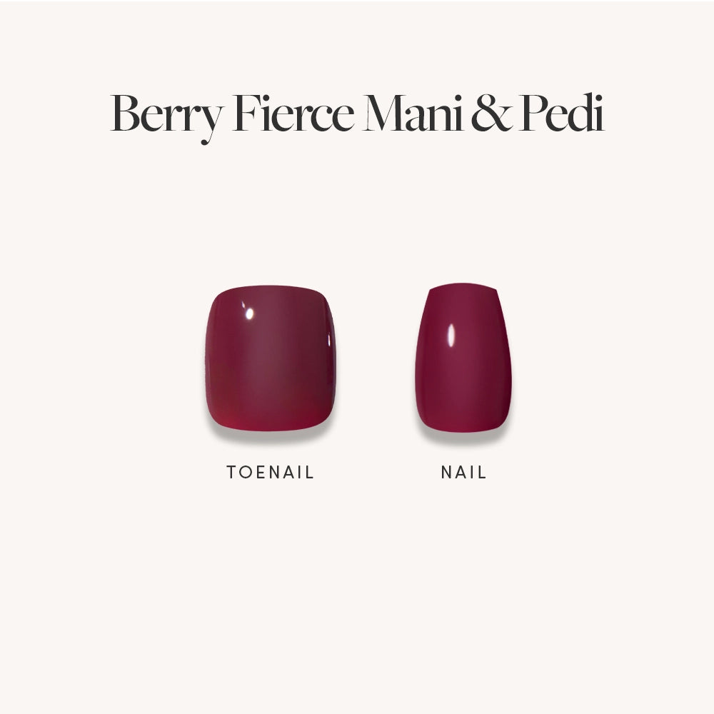 Glamnetic’s Glossy Dark Maroon Mani & Pedi Bundles feature a high-gloss nail set in bold dark maroon, illustrated with a fingernail and toenail for standout style. - Product image