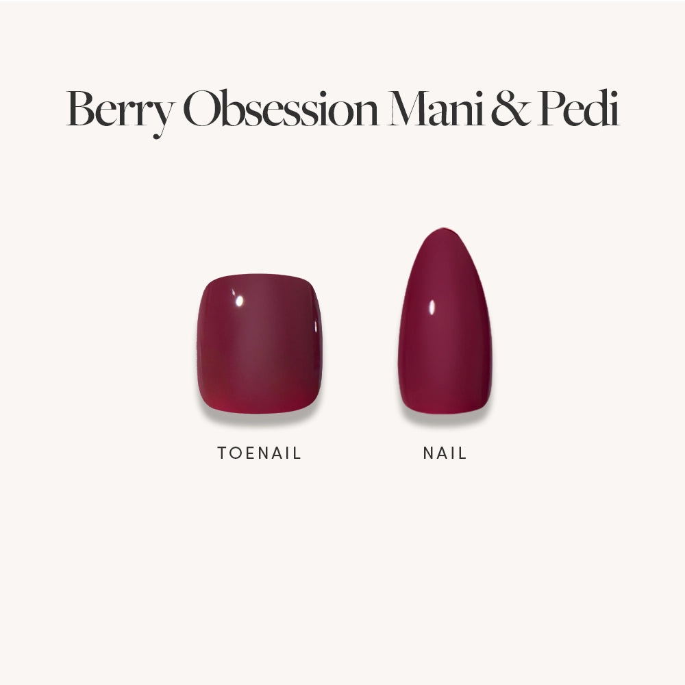 Two glossy artificial nails from glamnetic's Glossy Dark Maroon Mani & Pedi Bundles are shown: a square maroon press-on toenail on the left and an almond-shaped high-gloss nail on the right. Text reads Berry Obsession Mani Pedi. - Product image