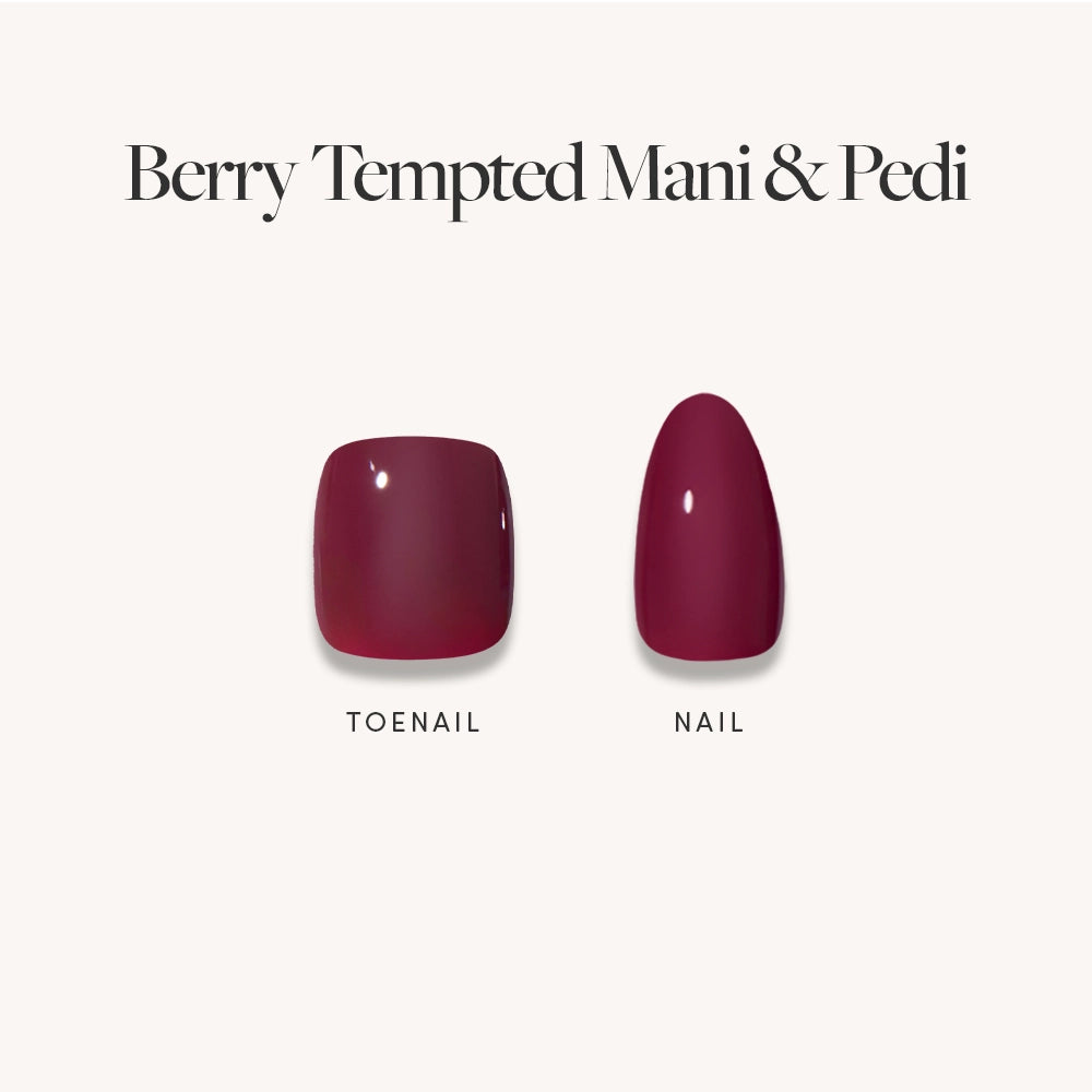 Two nail samples labeled TOENAIL and NAIL showcase a deep berry red, high-gloss set from glamnetic’s Glossy Dark Maroon Mani & Pedi Bundles on a plain light background. - Product image