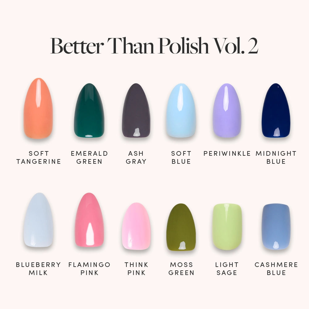 Better Than Polish Vol. 2 by glamnetic offers twelve glossy nail swatches in shades like soft tangerine, emerald green, and ash gray—ideal for your next almond nail set.