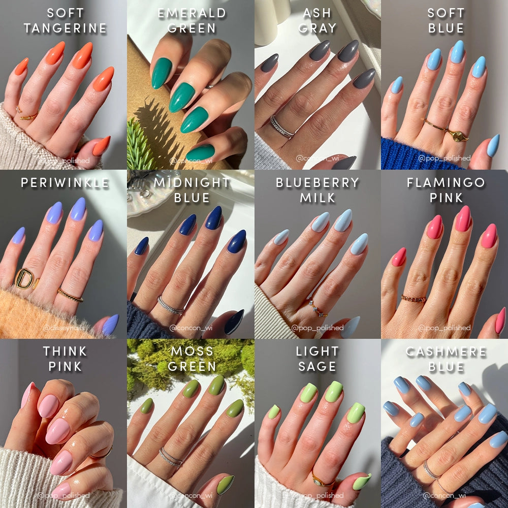 A collage of 12 hands with manicured almond nails in glossy shades from glamnetic’s Better Than Polish Vol. 2, including orange, green, gray, blue, pink, and purple—each labeled with names like Soft Tangerine and Midnight Blue.