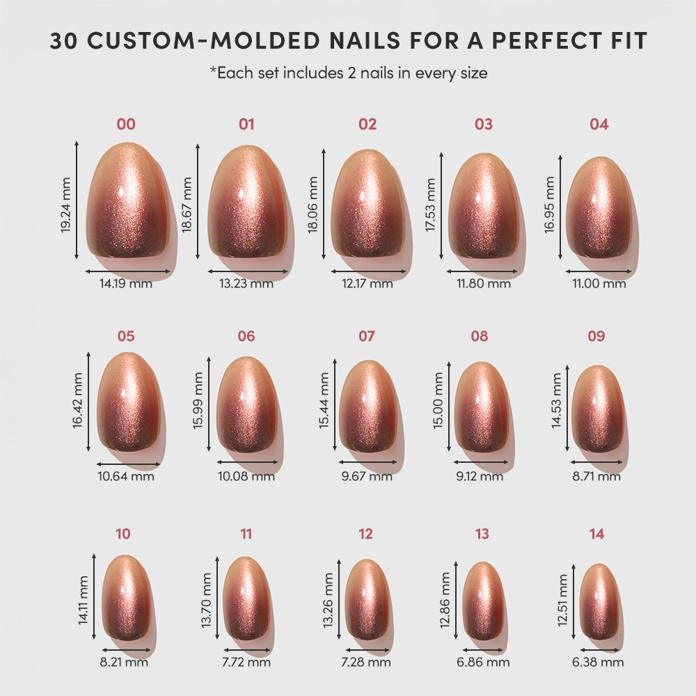 A chart displaying 15 sizes of glamnetic Bitter Orange custom-molded, rose gold velvet press-on nails, with width and length measurements in millimeters shown beneath each nail, for a total of 30 nails per set. - Product image