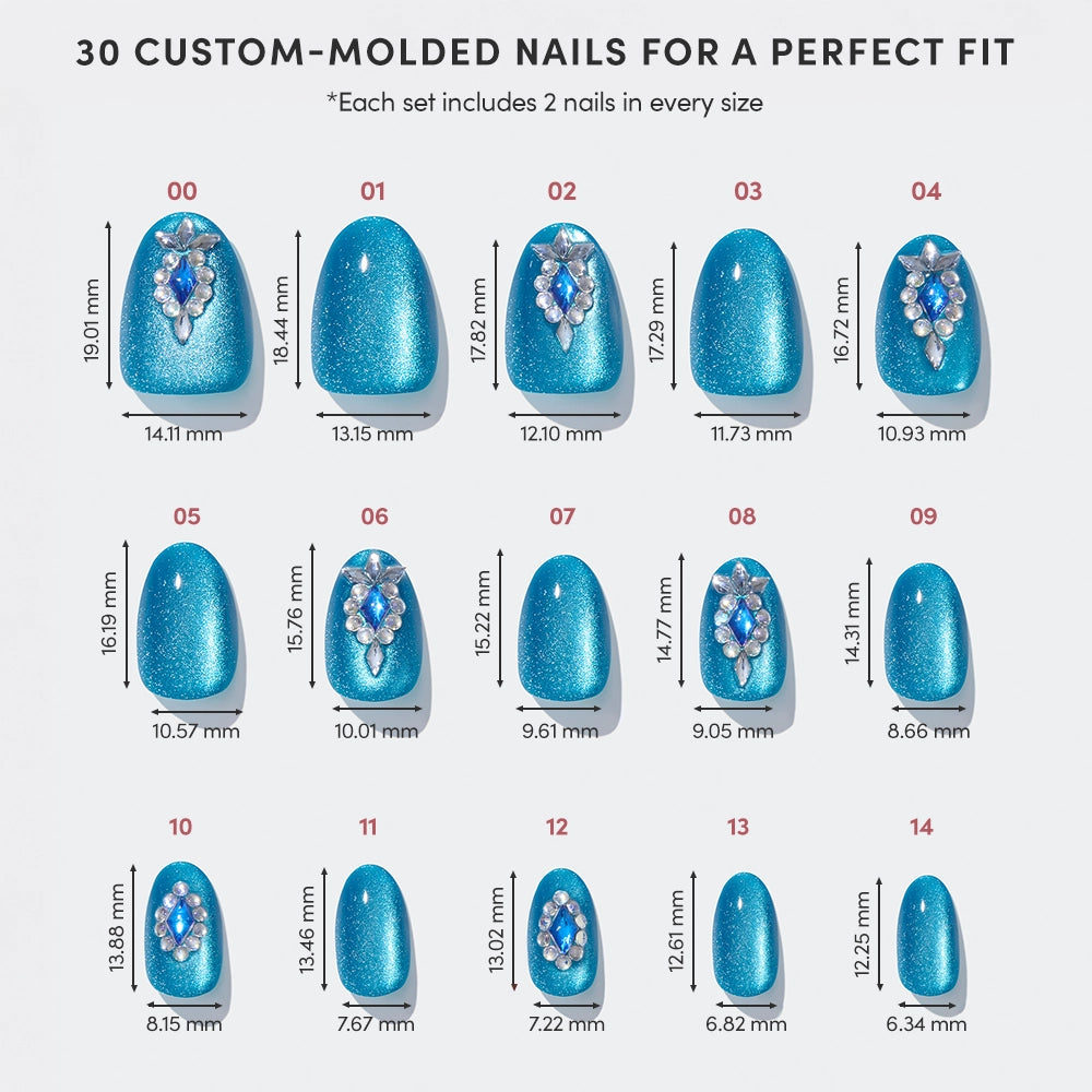 A glamnetic chart shows 15 sizes of Blue Topaz press-on nails—blue, glittery, some with jeweled flowers—each labeled with width and height in millimeters. - Product image