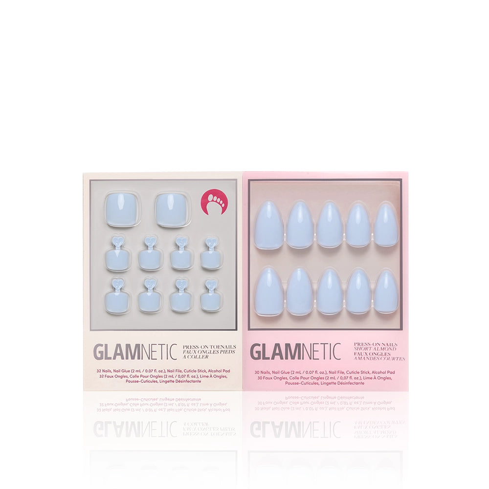 Two boxes of glamnetic Blueberry Milk Mani & Pedi press-on nails: the left contains ten square-shaped nails, the right features a short almond set. Both are shown with product details on a white background. - Product image