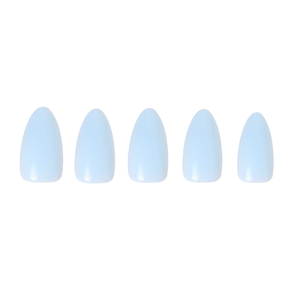 Five light blue, glossy short almond artificial nail tips from glamnetics Blueberry Milk set are arranged in a row on a white background, highlighting their elegant design. - Product image