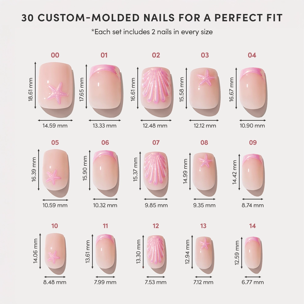 A chart showcases glamnetics Blush Dunes: a 15-piece press-on nail set with soft pink chrome tips and white star or shell designs, each labeled by number and exact size—ideal for tropical escapes and a personalized fit. - Product image