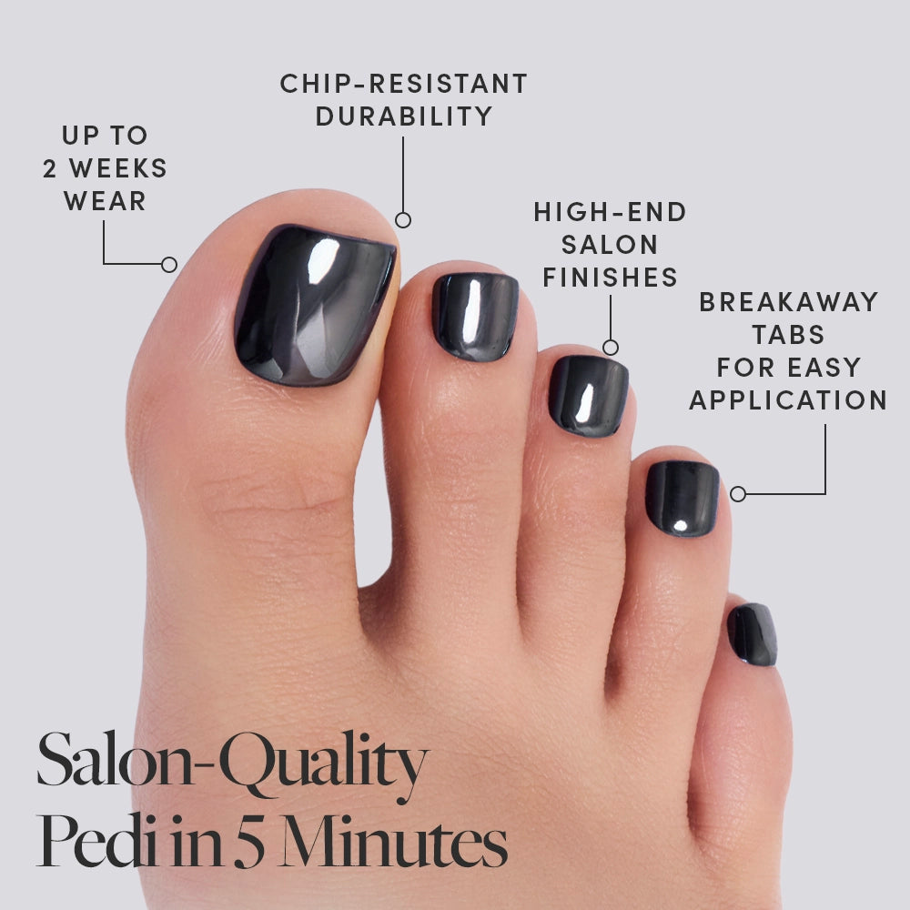 A close-up of glossy black toenails with glamnetic Boba Toenail, featuring up to 2 weeks wear, chip-resistant durability, salon-quality finish, and easy breakaway tabs. Text reads: Salon-Quality Pedi in 5 Minutes. - Product image