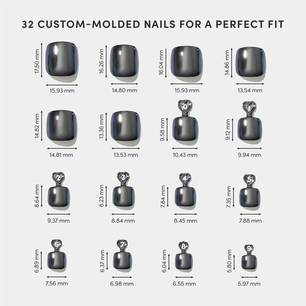 A chart displays 16 glossy black Boba Toenail press-on nails by glamnetic in assorted sizes, each labeled with width and length in millimeters. Title reads, 32 vegan press-on nails for a perfect fit. - Product image